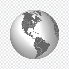 Globe of Earth with borders of all countries. 3d icon Globe in gray. High quality world map in gray. North America, US with all states, countries of Caribbean, South America.  EPS10. 