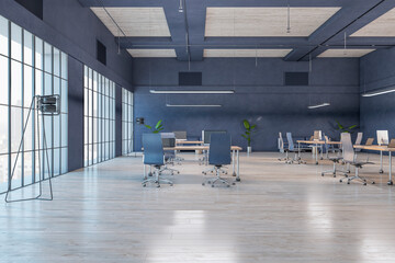 Fototapeta na wymiar Bright wooden coworking office interior with furniture and window with city view. Commercial concept. 3D Rendering.