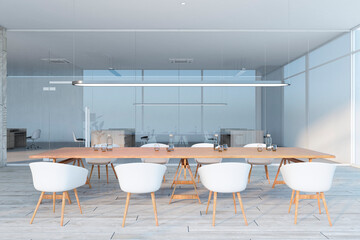 Modern glass meeting room interior with furniture. Boardroom concept. 3D Rendering.