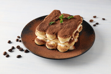 Concept of sweet food, Tiramisu cake, close up