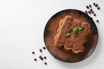 Concept of sweet food, Tiramisu cake, space for text