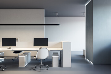 Luxury concrete coworking office interior with furniture and equipment. 3D Rendering.