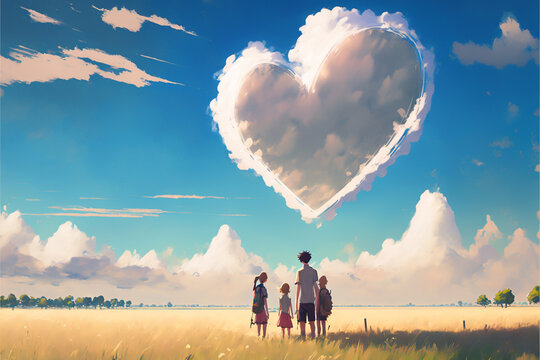 
A happy family of three is looking up at the sky, admiring the love heart majestic clouds in distance. They are content, appreciating the beauty of nature cherishing their time together generative ai