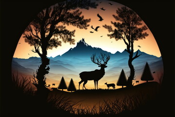Fototapeta na wymiar landscape mountain tree animals Silhouette, Made by AI,Artificial intelligence