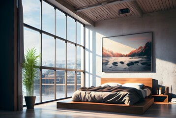 Elegant and modern master bed room interior with large comfortable bed. Generative AI
