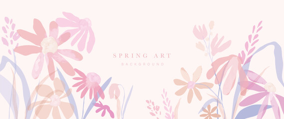 Abstract spring floral art background vector illustration. Watercolor hand painted botanical flower, leaves and nature background. Design for wallpaper, poster, banner, card, print, web and packaging.