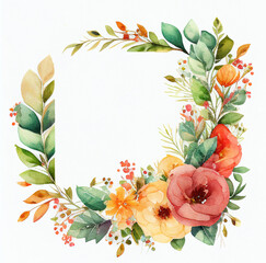 Watercolor Flower Frame, Watercolour Floral Wreath, Generative AI Illustration