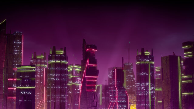 Cyberpunk Metropolis with Pink and Yellow Neon lights. Night scene with Visionary Skyscrapers.