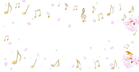 音楽と花のイメージ、音符と桜の花びらの背景イラスト