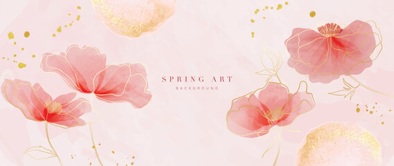 Abstract spring floral art background vector illustration. Watercolor botanical flower and gold brush line art texture. Luxury design for wallpaper, poster, banner, card, print, web and packaging.