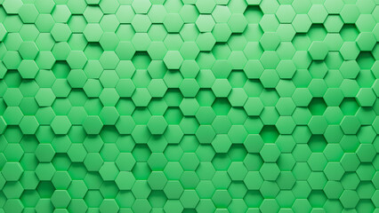 Futuristic Mosaic Tiles arranged in the shape of a wall. 3D wall. Polished, Green Bricks stacked to create a Hexagonal block background. 3D Render