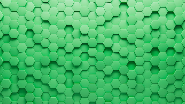 Futuristic Mosaic Tiles arranged in the shape of a wall. 3D wall. Polished, Green Bricks stacked to create a Hexagonal block background. 3D Render