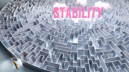 A journey to find Stability - going through a confusing maze of obstacles and difficulties to finally reach stability. A long and challenging path,3d illustration