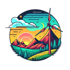 A round wind turbine logo illustration vibrant with mountains, skies and a sunset transparent, generative ai