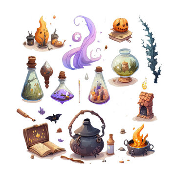 Game Relics Potions, Bonfire A Wizard And Witch Themed On A Transparent Background Clipart, Generative Ai