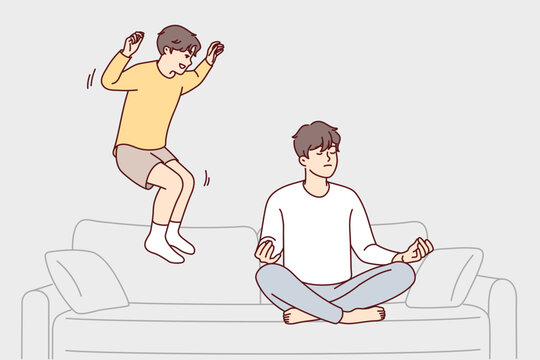 Restrained man sitting cross-legged doing yoga ignoring younger brother jumping on couch. Teenage boy frolic wanting to distract father from meditation and draw attention to himself. Flat vector image