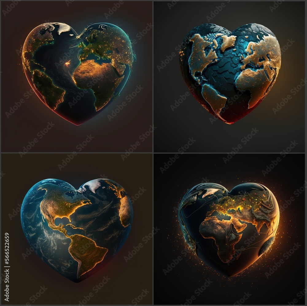 Wall mural realistic the earth globe in heart shape isolated in dark background generative ai