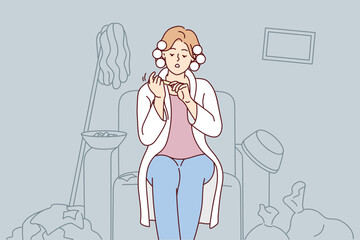 Carefree woman with curlers on hair sits on armchair taking care of nails ignoring garbage in apartment. Lazy girl does not want to clean up is resting in house with mess. Flat vector design 