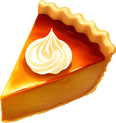 Pumpkin Pie Slice with Cream Isolated Hand Drawn Painting Illustration