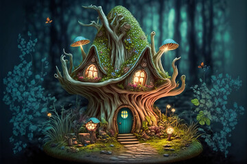House of a little fairy-tale creature in a magical forest. Post-processed digital AI art	