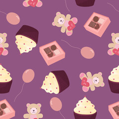 Valentines day seamless pattern. Vector teddy bear, chocolate, cupcake.