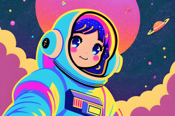 the astronaut girl cartoon in the space Non-existent person in generative AI digital illustration