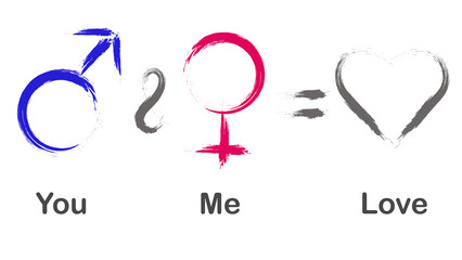 Male and female symbol in pink and blue lettering with love icon. Male and  female gender symbol. Grunge style icon. For animation background and valentine moments.