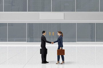 Illustrazione 3D. Di fronte ad edificio di banca o finanziario uomo d'affari e donna d'affari. Contratto, accordo, transazione finanziaria..