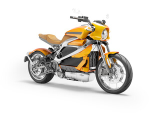 3d illustration of orange electric sports motorcycle on white background with shadow