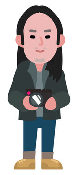 long haired male photographer cartoon with camera