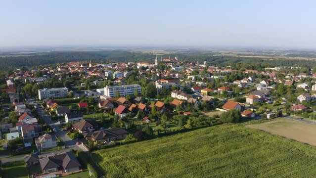 Aerial view from a drone - buildings of a town in a rural area
