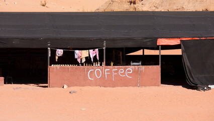 A remote Bedouin coffee and souvenir shop in Arabian Wadi Rum desert, Jordan, Middle East 