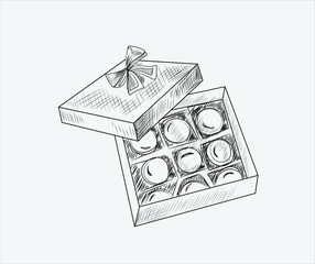 Hand-drawn sketch of chocolate sweets box on a white background. vector illustration, Love, and romance. Sweets box for Valentine's day