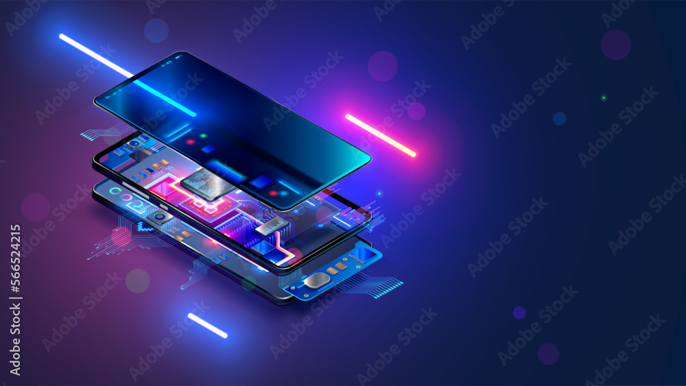 Poster Mobile phone hardware electronic technology. Electronic chip, CPU of smartphone. Repair, maintenance phone banner. Disassembled components, processor of cellphone inside case. Development tech concept