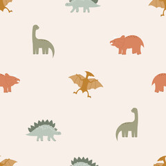 Baby seamless pattern with dinosaurs. Funny flat animals. Colorful childish print with Dino. Creative vector background in Scandinavian style. Cute cartoon dinosaurs. Boho nursery design