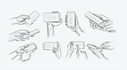 Hand-drawn sketch of smartphone gestures set. The set includes hands taking a selfie or simply making a picture, hands unlocking the phone, and hand zooming the image in the phone on white background 