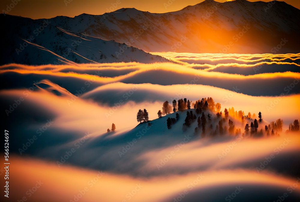 Wall mural cloud inversion in the mountains generative ai