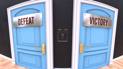 Two mutually exclusive paths to choose from, either Defeat or Victory. The freedom of making a choice and favoring one of them, either Defeat or Victory.,3d illustration