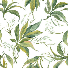 Seamless pattern with green leaves. Watercolor illustration on white background.