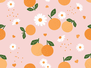 Seamless pattern with orange fruit, hearts and white flower on pink background vector illustration.
