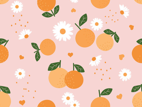 Seamless pattern with orange fruit, hearts and white flower on pink background vector illustration.