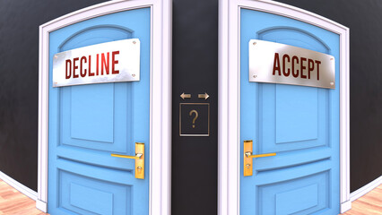 Two mutually exclusive paths to choose from, either Decline or Accept. The freedom of making a choice and favoring one of them, either Decline or Accept.,3d illustration