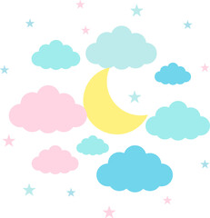 Obraz premium Moon, clouds and stars in pastel colors