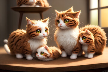 Happy family of adorable cats indoors among the tulips, AI generated