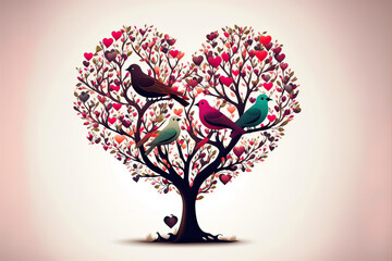 Obraz na płótnie Canvas A heart-shaped tree with love birds perched on a branch. Illustration generative IA