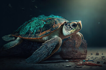 Plakat Poor turtle stuck in fishing net on neck and its body. Generative AI illustration.
