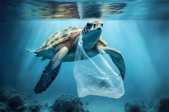Sea Turtle entangled in a plastic bag. Generative AI illustration.