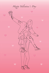 Naklejka premium Valentine's Day greeting card. A continuous drawing in one line of a happy cheerful young couple. A romantic couple on a walk.