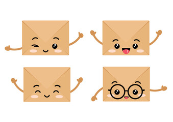 Craft envelopes cute kawaii character with arms set. Closed kraft envelope vector clip art collection. Folded brown paper letter illustration happy smiling emoticons with eyeglasses