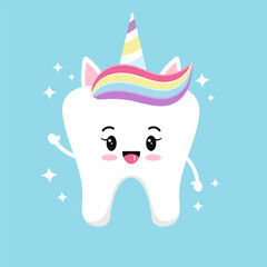 Cute tooth unicorn emoji girl with rainbow paste and horn on head and sparkles. Flat design magic cartoon kawaii smiling dental character with arms vector illustration. 